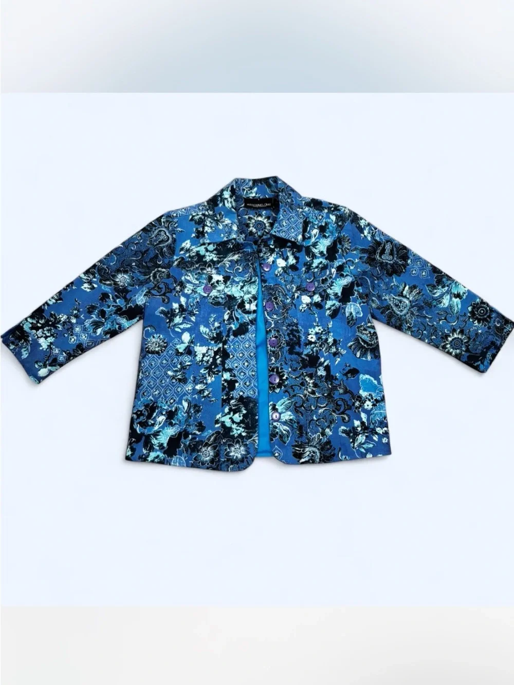 Vintage Blue Floral Jacket Blazer Soft Surroundings Style Artsy Boho SMALL